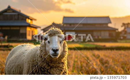 夕暮れの古民家を背景にした羊のポートレート 135971703