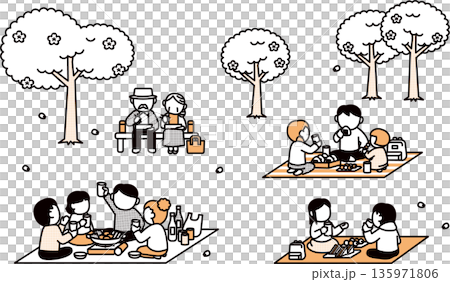 描繪人們欣賞櫻花的插畫集 135971806