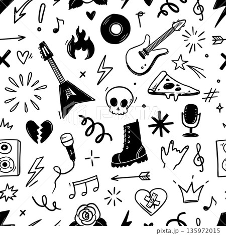 Rock music seamless pattern with guitar, skull, punk symbols. Hand drawn doodle grunge stickers featuring stars, roses and lightning bolts for rock music festival background. Vector 135972015