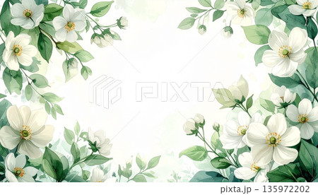 上品な花のイラストが囲む飾り枠・プレゼン資料のタイトルやWebバナーに最適なコピースペース付き背景 135972202