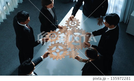 Top view of business team bring filled last cog to complete system. Directorate. 135972281