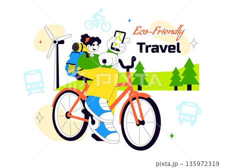 Eco Friendly Travel Lifestyle Vector Illustration Featuring Sustainable Tourism Elements With Green Transportation Flat Cartoon Background 135972319