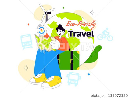 Eco Friendly Travel Lifestyle Vector Illustration Featuring Sustainable Tourism Elements With Green Transportation Flat Cartoon Background 135972320