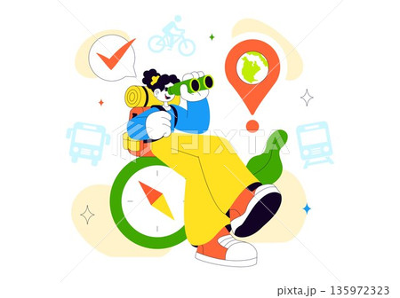 Eco Friendly Travel Lifestyle Vector Illustration Featuring Sustainable Tourism Elements With Green Transportation Flat Cartoon Background 135972323