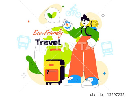 Eco Friendly Travel Lifestyle Vector Illustration Featuring Sustainable Tourism Elements With Green Transportation Flat Cartoon Background 135972324