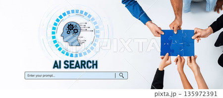 Collaborative Teamwork and AI Technology Concept with Diverse Hands Solving Puzzle and Searching for Solutions on White Background Trope 135972391