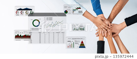 Team Collaboration and Data Analysis with Charts and Graphs in Business Environment, Diverse Hands Over Financial Reports and Visual Data Presentations Trope 135972444
