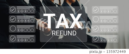 Tax Refund Process with Financial Experts in Business Attire Discussing Returns and Refunds in a Professional Setting Gantry 135972449