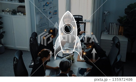 Innovative Team Meeting for Business Growth with Rocket Concept and Creative Ideas Visualized for Future Success and Collaboration. Raster 135972486