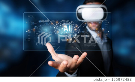 Business professional wearing virtual reality headset showcasing artificial intelligence concept with digital graphics in futuristic environment. Raster Business professional wearing virtual reality headset showcasing artificial intelligence concept with digital graphics in futuristic environment. Raster 135972488