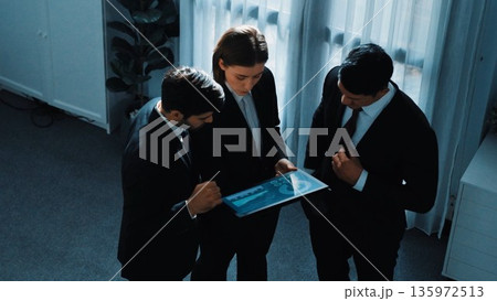 Top view of businessman joined a team and shake hands with manager. Directorate. 135972513