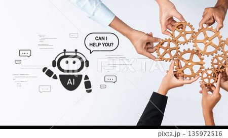 Hands Collaborating with Gears and AI Robot Offering Assistance Concept in Modern Technology Environment Gluon 135972516