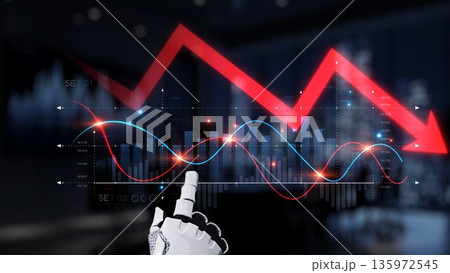 Hand with a robotic glove pointing at a digital financial chart with fluctuating lines and bars showcasing market trends and analysis for investment insight Synapse 135972545