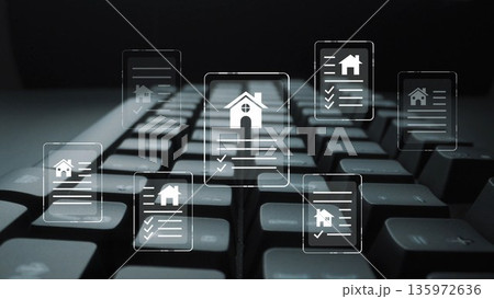 Digital Concept of Real Estate Management with House Icons and Documents on a Computer Keyboard Background Gluon Digital Concept of Real Estate Management with House Icons and Documents on a Computer Keyboard Background Gluon 135972636