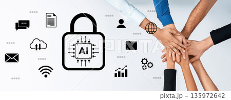 Hands Together Symbolizing Collaboration and Security in Artificial Intelligence with Padlock, Icons of Connectivity and Networks Gantry Hands Together Symbolizing Collaboration and Security in Artificial Intelligence with Padlock, Icons of Connectivity and Networks Gantry 135972642