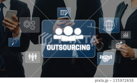 Business professionals discussing outsourcing strategy with digital icons on a blurred background emphasizing teamwork, technology, and growth opportunities.. Raster 135972658
