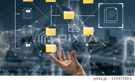 Digital organization concept with hand reaching for file folders and documents in a connected network of data management and information sharing innovations Gluon 135972665