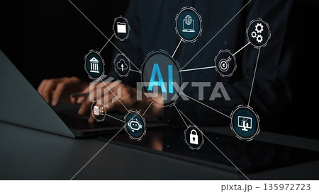 Hands working on laptop surrounded by floating icons representing artificial intelligence technology and data management in a dark environment Gluon 135972723