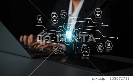 Abstract representation of artificial intelligence technology with data connections and graphs, showcasing digital innovation in a business setting Gluon Abstract representation of artificial intelligence technology with data connections and graphs, showcasing digital innovation in a business setting Gluon 135972731