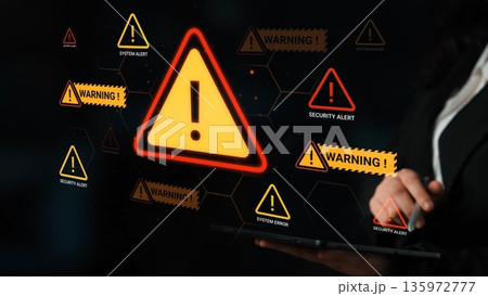 Bright warning and alert symbols illuminated on modern device screen highlighting system alerts and security issues in technology and cybersecurity context Gluon Bright warning and alert symbols illuminated on modern device screen highlighting system alerts and security issues in technology and cybersecurity context Gluon 135972777