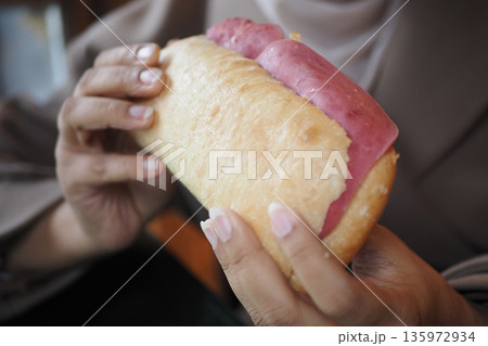 Enjoying a sandwich in a cafe during lunch Enjoying a sandwich in a cafe during lunch 135972934