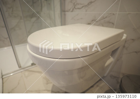 Clean toilet in modern bathroom with marble tiles Clean toilet in modern bathroom with marble tiles 135973110