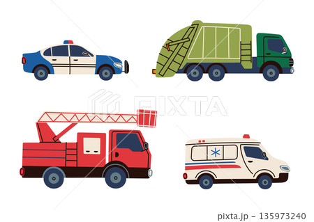 City special transport set with fire truck, ambulance, police car and garbage truck. Flat cartoon vector illustration about urban safety, emergency and public service vehicles, kids colorful design 135973240