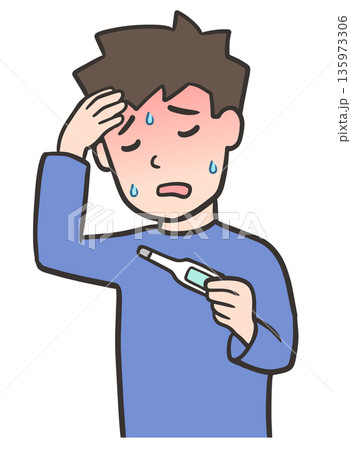 体温計を持ち、発熱している若い男性 135973306