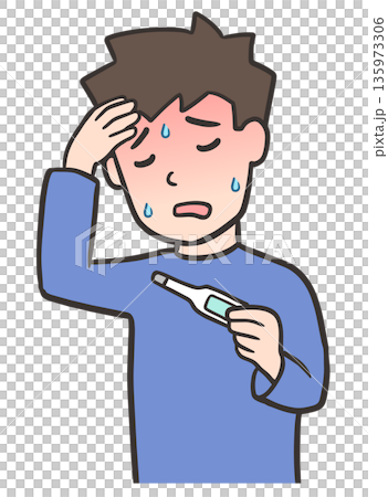 体温計を持ち、発熱している若い男性 135973306