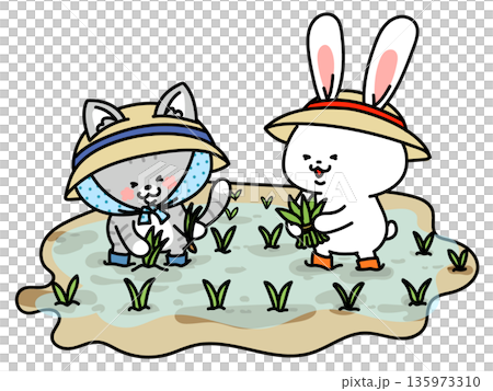 田植えをするかわいい猫とウサギ 135973310