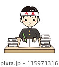 本を積んで勉強する学ラン姿の男子学生　合格ハチマキの受験イメージイラスト 135973316