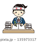 本を積んで勉強するブレザー姿の女子学生　合格ハチマキの受験イメージイラスト 135973317