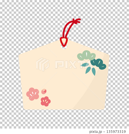 繪有鬆樹、竹子和梅花圖案的繪馬框。寓意吉祥的扁平化設計向量素材。 135973319