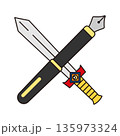 ペンは剣よりも強し　万年筆と剣が交差した線画カラーイラスト 135973324
