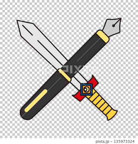 The pen is mightier than the sword: A line drawing of a fountain pen and a sword crossed 135973324