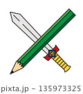 ペンは剣よりも強し　鉛筆と剣が交差した線画カラーイラスト 135973325