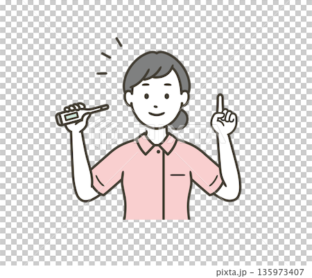 Upper body illustration of a female nurse or medical worker holding a thermometer and explaining 135973407