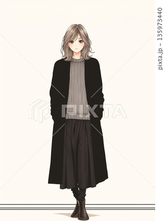 少女漫画風立ちポーズのコートを着た女性イラスト 135973440