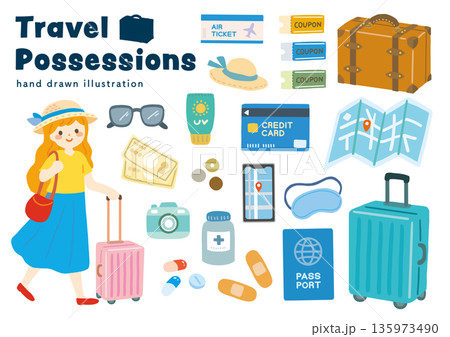 旅行の持ち物手描きイラストセット 旅行の持ち物手描きイラストセット 135973490