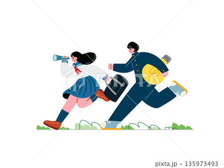 目標に向かって走る学生の男女 目標に向かって走る学生の男女 135973493