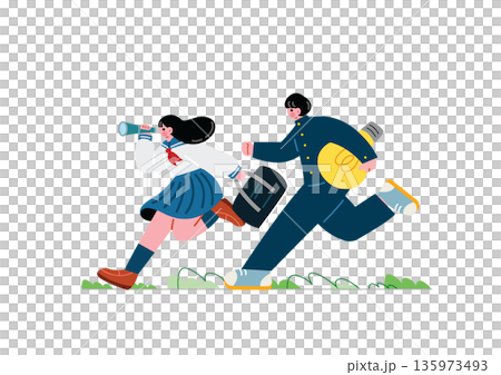 目標に向かって走る学生の男女 目標に向かって走る学生の男女 135973493