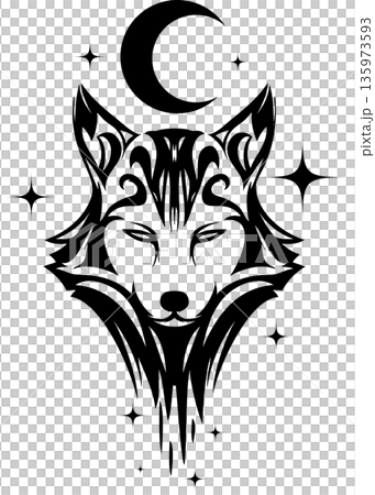 Tribal art tattoo mark of a moon and a wolf seen from the front. Tribal art tattoo mark of a moon and a wolf seen from the front. 135973593