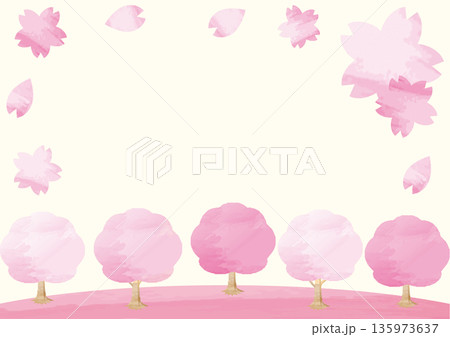 桜並木の手描き水彩イラストフレーム 春のコピースペース背景 お花見や入学式の招待状用デザイン素材 桜並木の手描き水彩イラストフレーム 春のコピースペース背景 お花見や入学式の招待状用デザイン素材 135973637