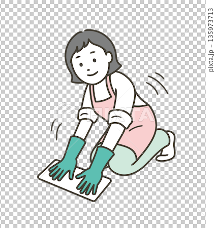Illustration of a woman wearing an apron and rubber gloves wiping the floor with a rag 135973713