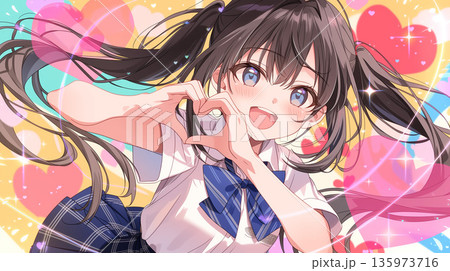 ハート背景で微笑む可愛いアニメ風の女の子　恋愛・バレンタインのイメージ 135973716