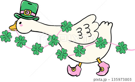 Cute Silly Goose St. Patrick day Anxiety Running with Clover Leaf Garland Cartoon Hand Drawn Cute Silly Goose St. Patrick day Anxiety Running with Clover Leaf Garland Cartoon Hand Drawn 135973803