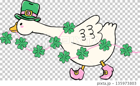 Cute Silly Goose St. Patrick day Anxiety Running with Clover Leaf Garland Cartoon Hand Drawn Cute Silly Goose St. Patrick day Anxiety Running with Clover Leaf Garland Cartoon Hand Drawn 135973803