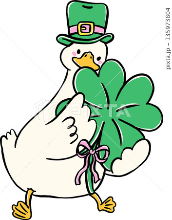Cute Silly Goose St. Patrick day Wearing Leprechaun Hat with Clover Cartoon Hand Drawn 135973804