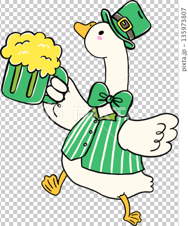 Cute Silly Goose St. Patrick day Wearing Leprechaun Holding Glass of Beer Hand Drawn Cute Silly Goose St. Patrick day Wearing Leprechaun Holding Glass of Beer Hand Drawn 135973807