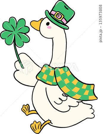 Cute Silly Goose St. Patrick day Wearing Leprechaun with Clover Lucky Leaf Hand Drawn 135973808